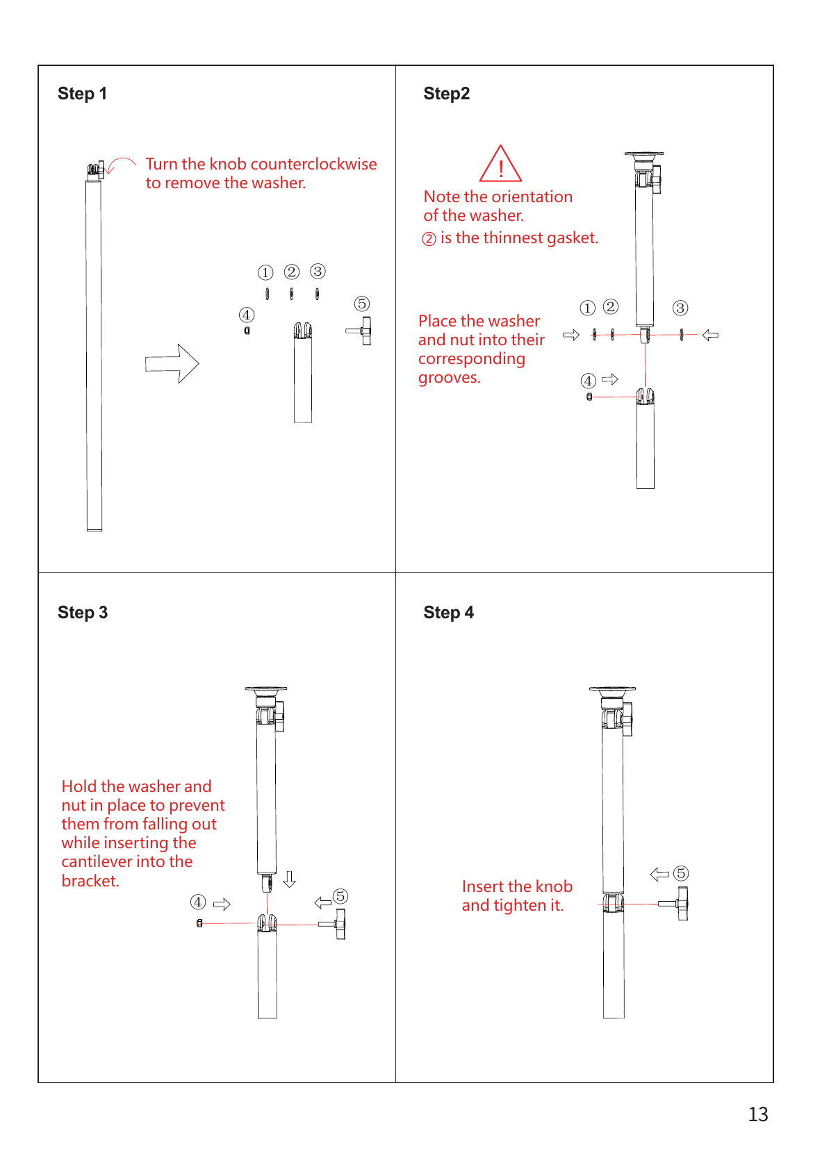 BEAM assembly steps 1 to 4 showing the joint washers, nut and tension knob
