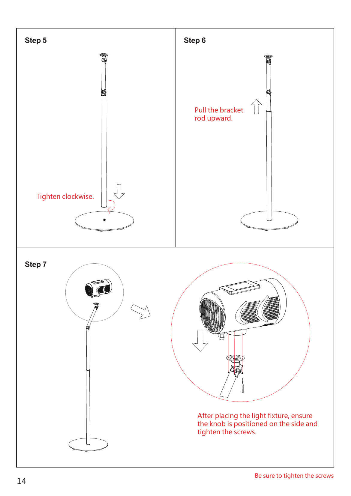 BEAM assembly steps 5 to 7 showing the base, support rod and attachment of the light head