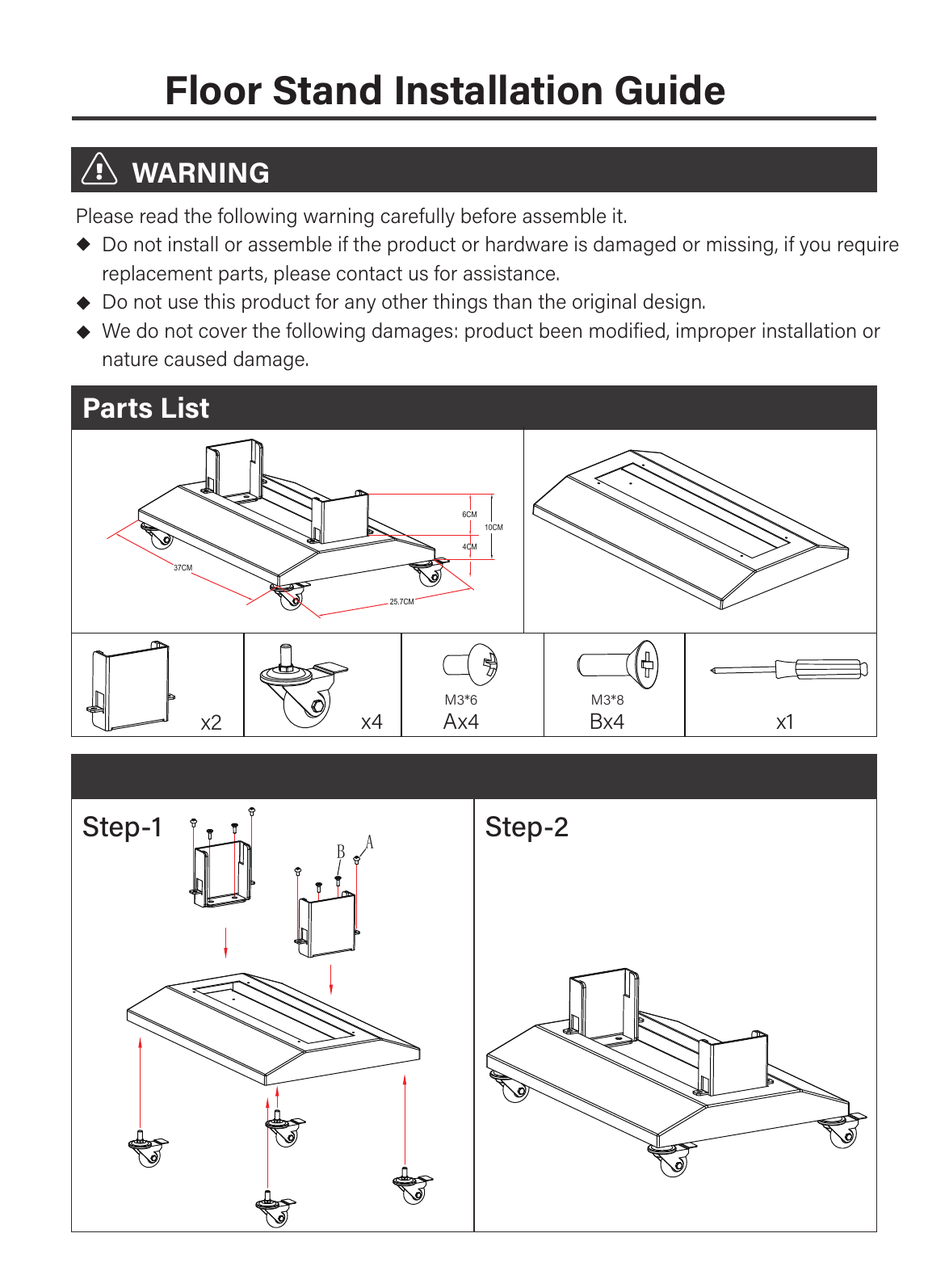 CORE roll-around floor mount parts list and assembly steps 1 and 2
